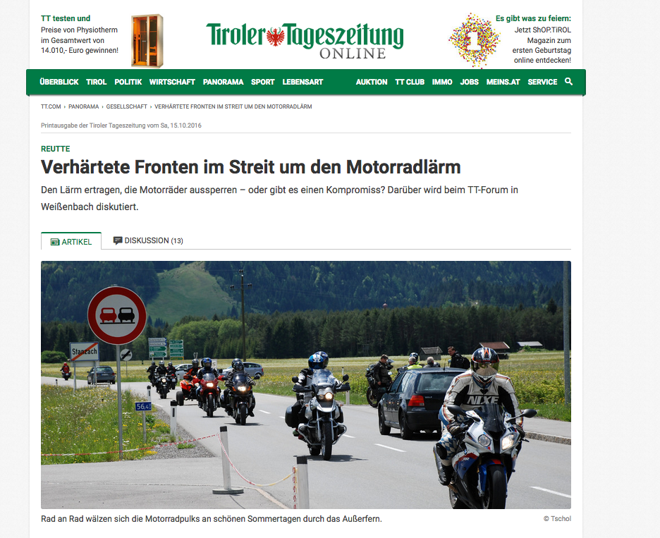Tiroler Gemeinden suchen nach einem Weg gegen den motorisierten Tourismus auf zwei Rädern. Ausriss Tiroler Tageszeitung
