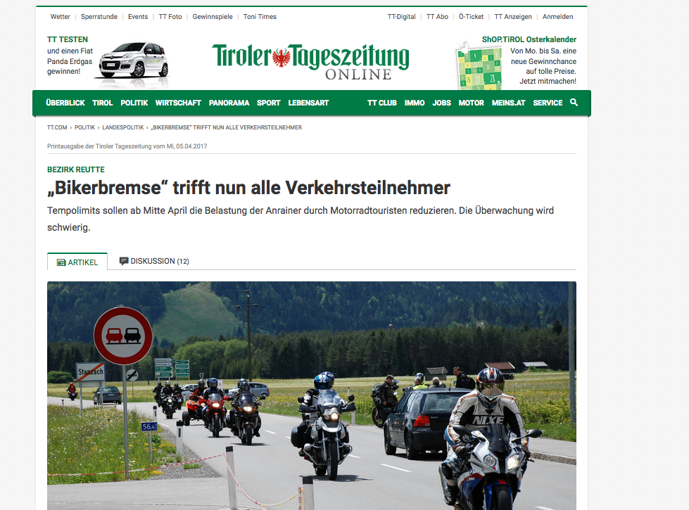 Die Alpenpässe ächzen unterm Lärm: Ausriss aus der Tiroler Tageszeitung (Österreich).